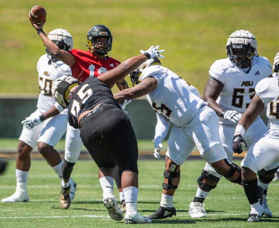 Alabama State’s Ryan Nettles (13) throws the ball during the Black and Gold spring game at ASU Stadium in Montgomery, Ala., on Saturday, April 23, 2022. 