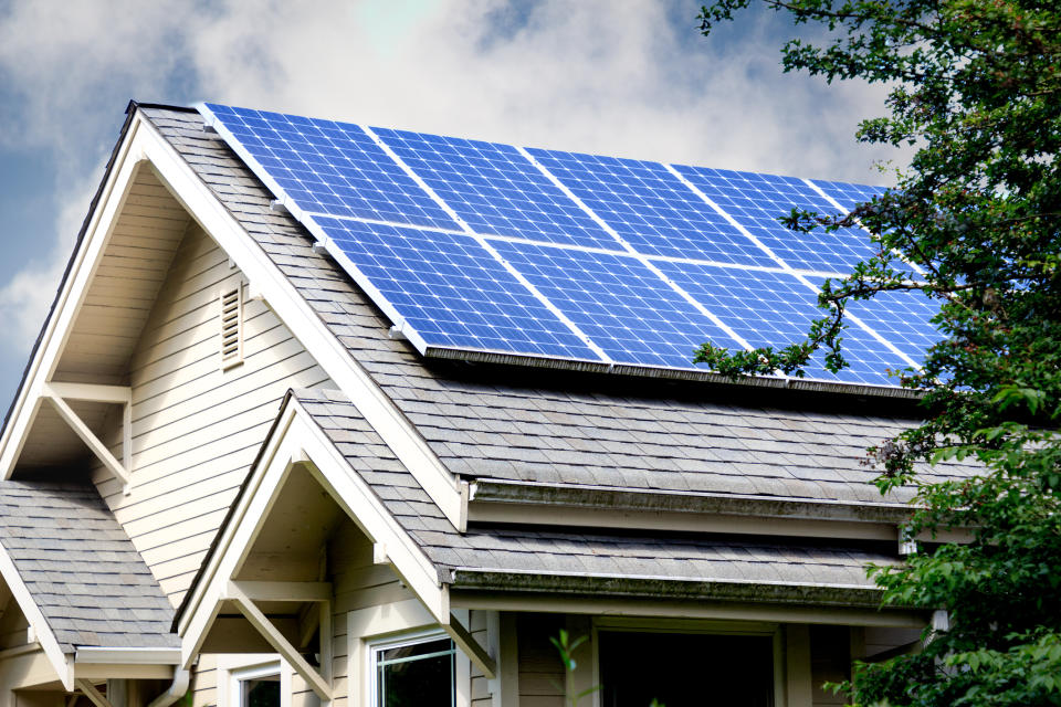 Roof with solar panels on it.