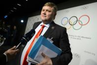 Vice Chairman of the Almaty 2022 bid committee Andrey Kryukov speaks to journalists on June 9, 2015 at the IOC Museum in Lausanne after the bid presentation of Almaty 2022 Candidate City