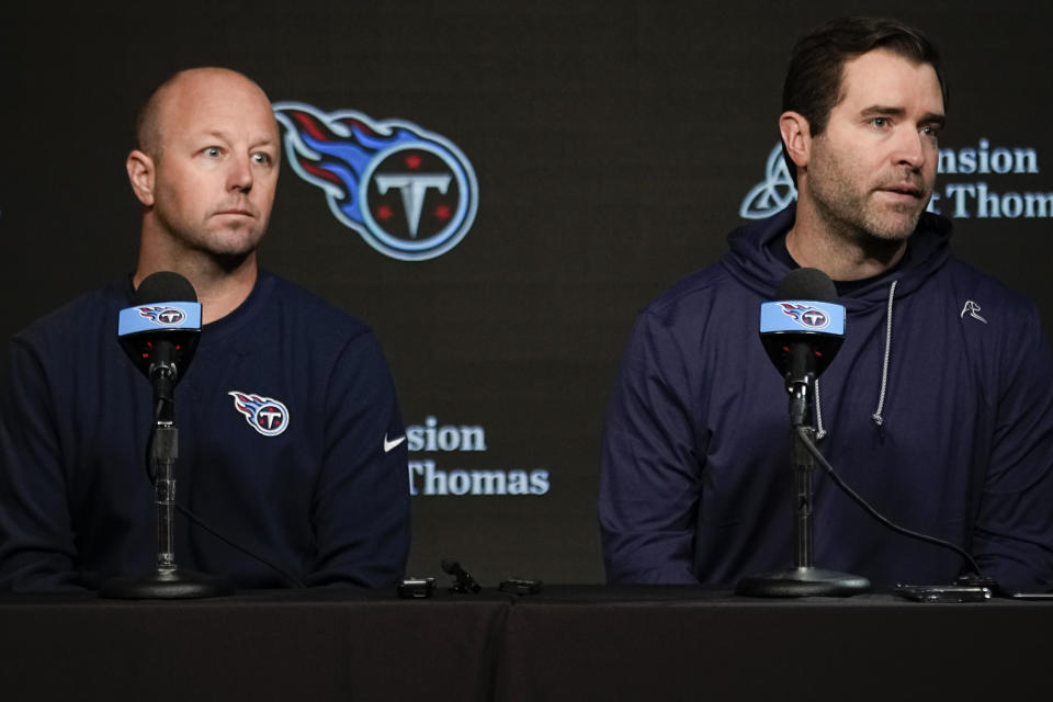 Tennessee Titans offensive coordinator Nick Holz, left, and head coach Brian Callahan respond to questions during a news conference at the NFL football team's training facility Wednesday, Feb. 14, 2024, in Nashville, Tenn. (AP Photo/George Walker IV)