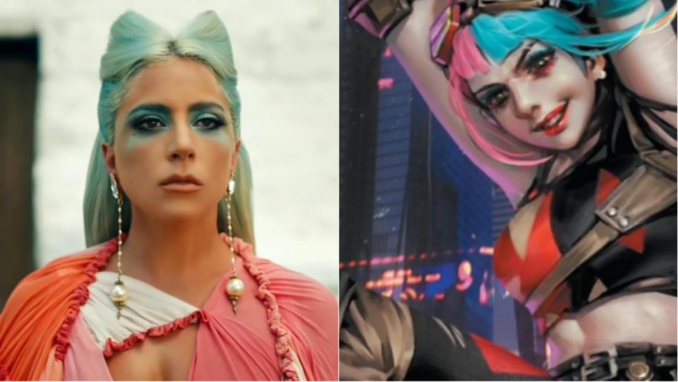 split photo of lady gaga and harley quinn comic