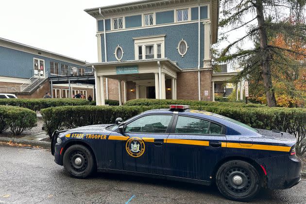 A New York State Police Department cruiser is parked in front of Cornell University's Center for Jewish Living on Monday.