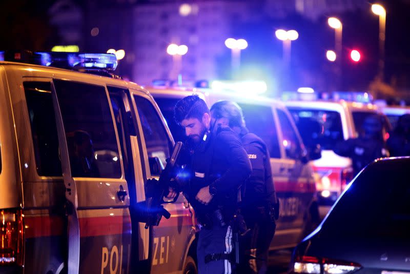 Police blocks a street near Schwedenplatz square after exchanges of gunfire in Vienna