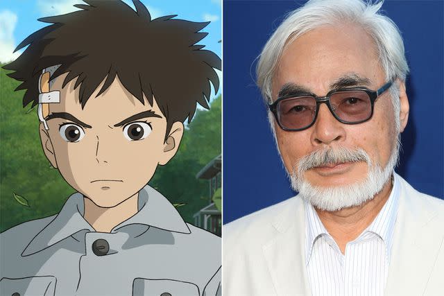 <p>Courtesy of Studio Ghibli and GKIDS; Jason Merritt/WireImage</p> Mahito of 'The Boy and the Heron' and director Hayao Miyazaki