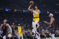 Indiana Pacers' Tyrese Haliburton drives past New York Knicks' Josh Hart, right, during the first half of Game 2 in an NBA basketball second-round playoff series Wednesday, May 8, 2024, in New York. (AP Photo/Frank Franklin II)