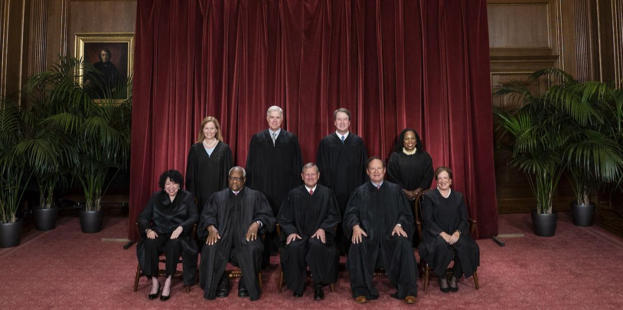 for use with year in photos 2022 members of the supreme court sit for a group photowashington, dc october 7 members of the supreme court sit for a group photo following the recent addition of associate justice ketanji brown jackson, at the supreme court building on capitol hill on friday, oct 07, 2022 in washington, dc bottom row, from left, associate justice sonia sotomayor, associate justice clarence thomas, chief justice of the united states john roberts, associate justice samuel alito, and associate justice elena kagan top row, from left, associate justice amy coney barrett, associate justice neil gorsuch, associate justice brett kavanaugh, and associate justice ketanji brown jackson photo by jabin botsfordthe washington post via getty images