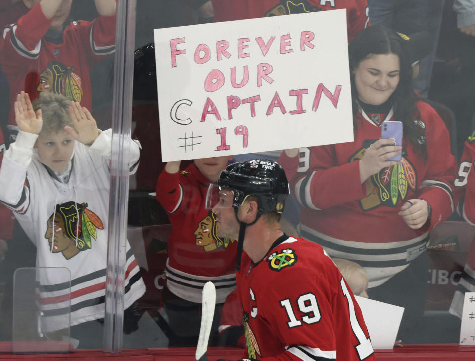 Jonathan Toews warms up for his final game as a Chicago Blackhawks player at the United Center on April 13, 2023, in Chicago. (John J. Kim/Chicago Tribune/Tribune News Service via Getty Images)