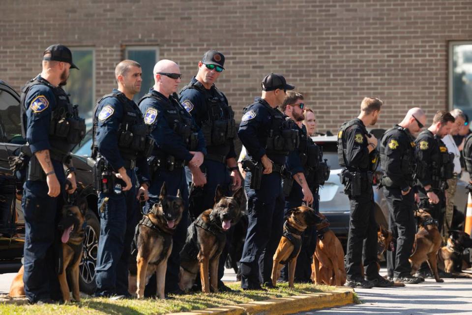 State Law Enforcement Division holds a funeral for police K-9 Rico, who was killed last week while tracking a suspect. SLED agents who spoke at the funeral say Rico’s actions saved the lives of several human officers.