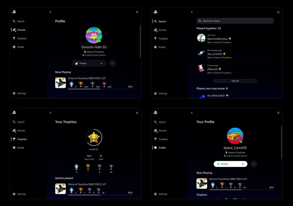 A few screenshots of the PlayStation overlay on PC, showing a design and layout very reminiscent of the PS5 UI.