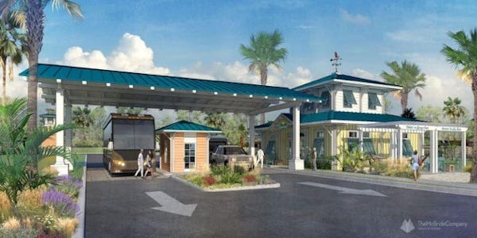 A rendering of check-in porte-cochère at a Camp Margaritaville.