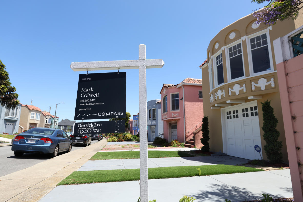 SAN FRANCISCO, CALIFORNIA - JULY 14: A sign is posted in front of a home for sale on July 14, 2022 in San Francisco, California. The number of homes for sale in the U.S. increased by 2 percent in June for the first time since 2019. High interest rates coupled with a faltering economy and surging home prices have kept many homebuyers out of the market. (Photo by Justin Sullivan/Getty Images)