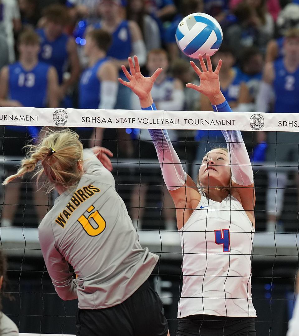Ava Nilsson of Warner (4) defends at the net during the State High School Volleyball Tournament that ended Saturday, Nov. 19, 2022 in the Denny Sanford PREMIER Center at Sioux Falls. Warner repeated as the Class B champion.
