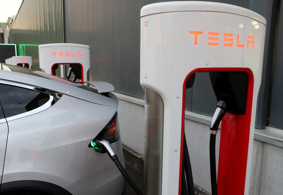 A Tesla Supercharger station is seen in Dietikon, Switzerland October 21, 2020. REUTERS/Arnd Wiegmann
