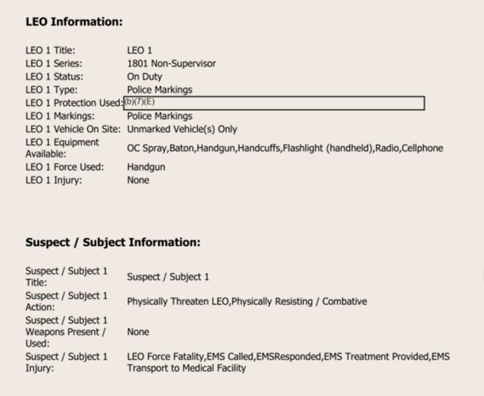 A partially redacted ICE log that includes the headings LEO Information and Suspect / Subject Information