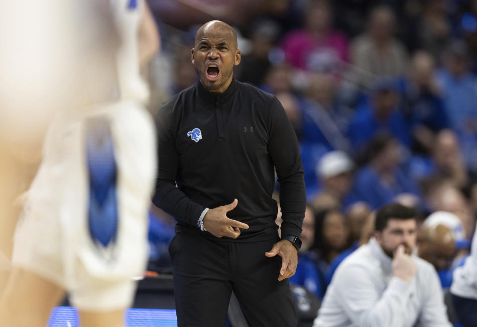 Seton Hall head coach Shaheen Holloway yells from the sideline as his team plays against Creighton during the first half of an NCAA college basketball game Wednesday, Feb. 28, 2024, in Omaha, Neb. (AP Photo/Rebecca S. Gratz)