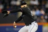 Miami Marlins' Pablo Lopez pitches during the first inning of the team's baseball game against the New York Mets on Tuesday, Sept. 27, 2022, in New York. (AP Photo/Frank Franklin II)