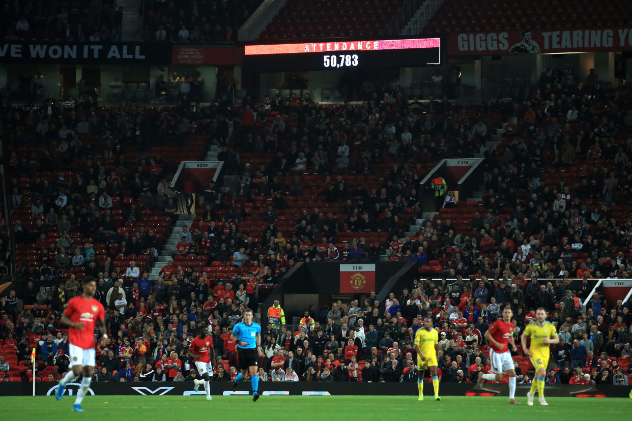 MANCHESTER, ENGLAND - SEPTEMBER 19: The scoreboard displays the 50,783 attendance during the UEFA Europa League group L match between Manchester United and FK Astana at Old Trafford on September 19, 2019 in Manchester, United Kingdom. (Photo by Simon Stacpoole/Offside/Offside via Getty Images)