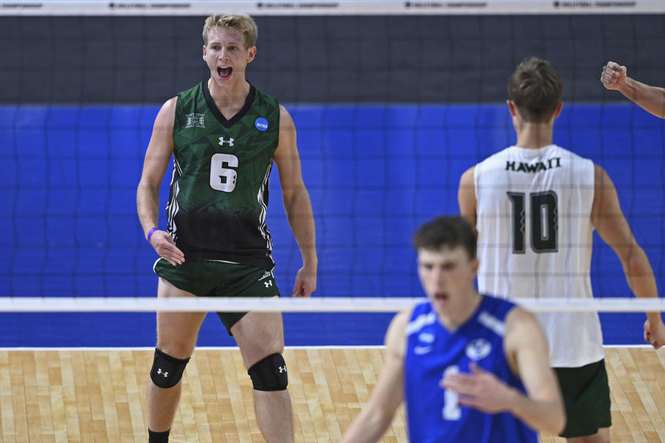 Hawaii's Gage Worsley (6) celebrates after a Hawaii point during the NCAA men's volleyball championship match against BYU, Saturday, May 8, 2021, in Columbus, Ohio. (AP Photo/David Dermer)