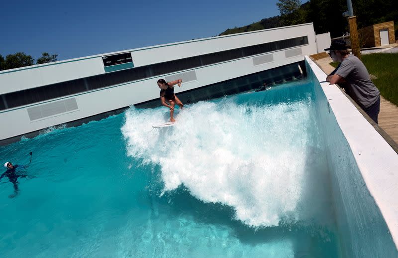 FILE PHOTO: Garazi Sanchez, member of Spain's national surf team, performs in Wave Garden, a giant pool that generates surfable waves, in the Basque town of Aizarnabazabal