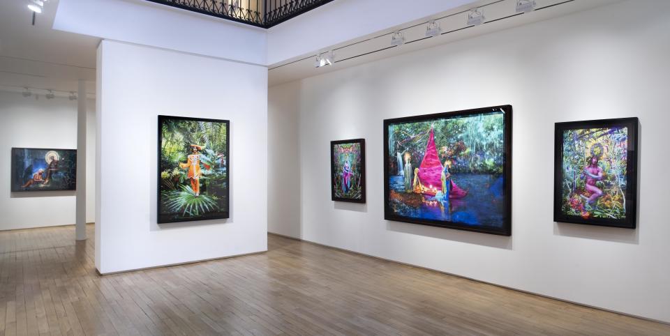 Several of David LaChapelle's works on display at Galerie Templon in Paris.