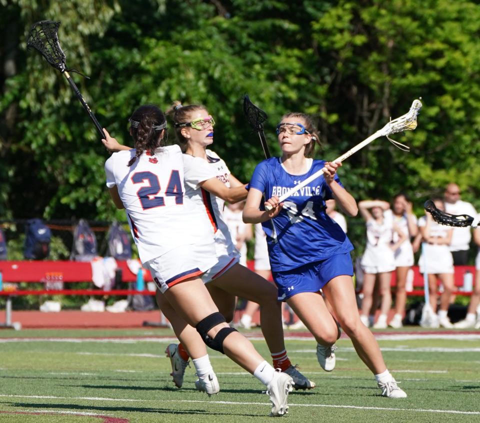 Bronxville's Linnea Hentschel (24) works against Briarcliff's Paige Krsulich (24) during their 13-3 win over Briarcliff in the Section 1 Class D  championship game at Nyack High School in Nyack on Thursday, May 25, 2023.