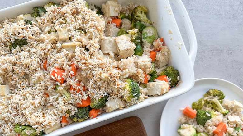 serving of brussels sprouts and tofu bake