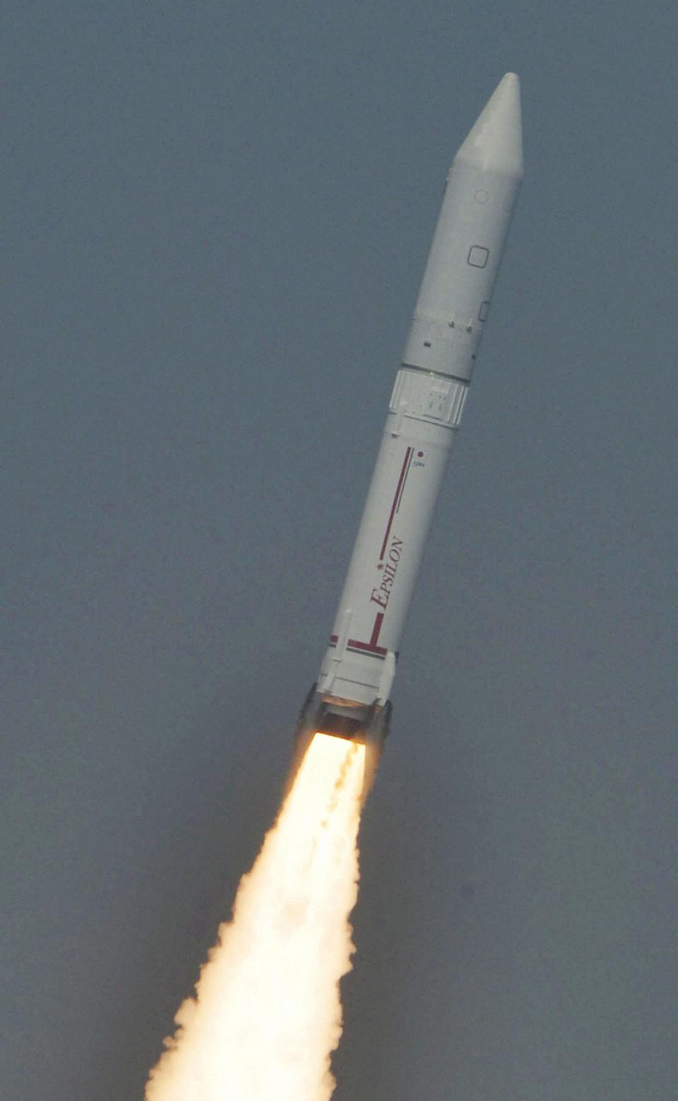 An Epsilon rocket blasts off into space from the launching pad at the Uchinoura Space Center in Kimotsuki town, Kagoshima prefecture