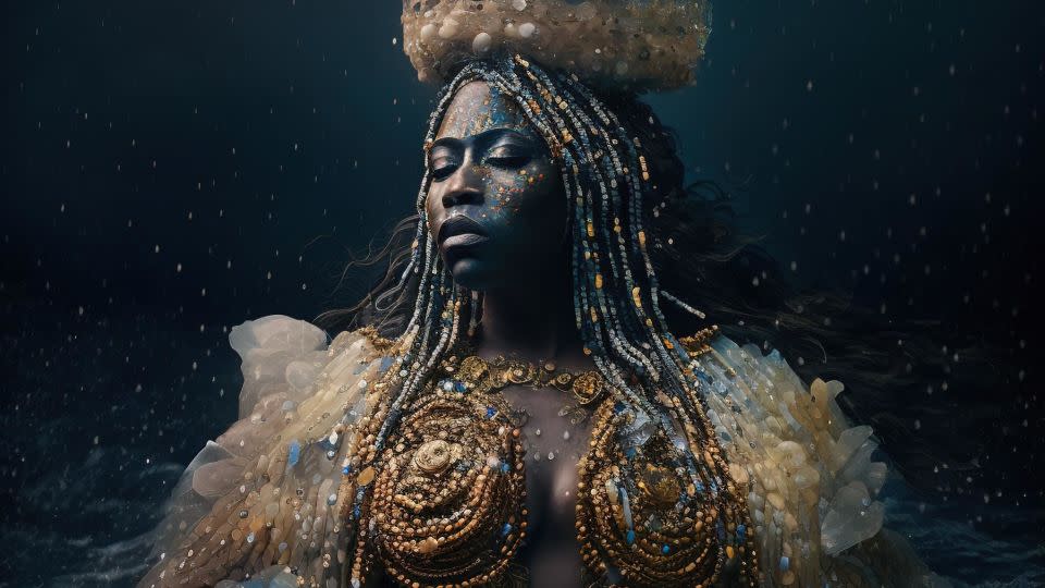 In this work, Okelarin reimagines Olokun, the Yoruba goddess of the oceans, seas and wealth.  - Àsìkò