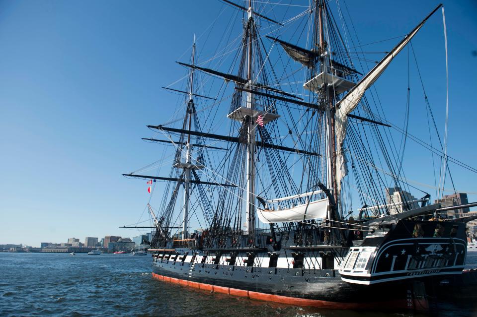 The Constitution sails in the Boston Harbor in August 2019.