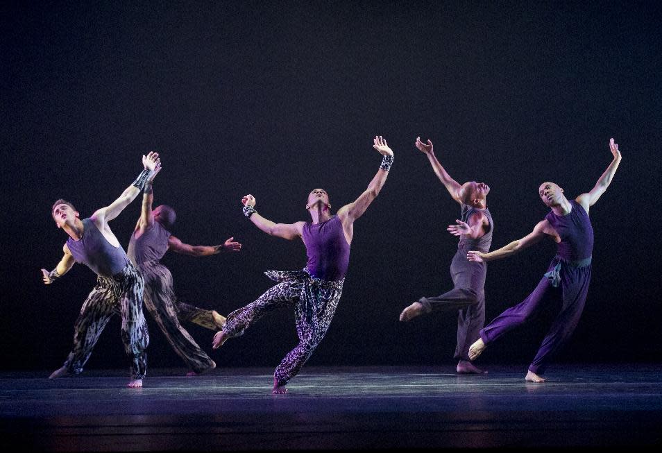 This publicity image released by Alvin Ailey American Dance Theater shows dancers performing in "Four Corners, choreographed by Ronald K. Brown, at Lincoln Center’s David H. Koch Theater in New York. (AP Photo/Alvin Ailey American Dance Theater, Paul Kolnik)