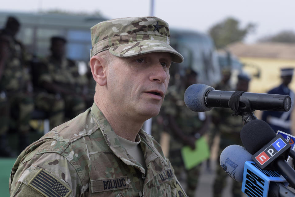 US Brigadier General Donald C. Bolduc, who served as the Deputy Director for Operations, United States Africa Command, speaks on February 8, 2016 during a inauguration of the Thies airbase, about 70 km northeast of Dakar on the second day of a three-week joint military exercise between African, US and European troops, known as Flintlock. (Photo: Seyllou/AFP/Getty Images)