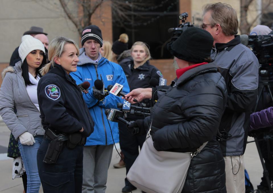 Appleton Assistant Police Chief Polly Olson answers questions about security plans for the 50th Anniversary Christmas Parade on Nov. 22, 2021, at Houdini Plaza in downtown Appleton.