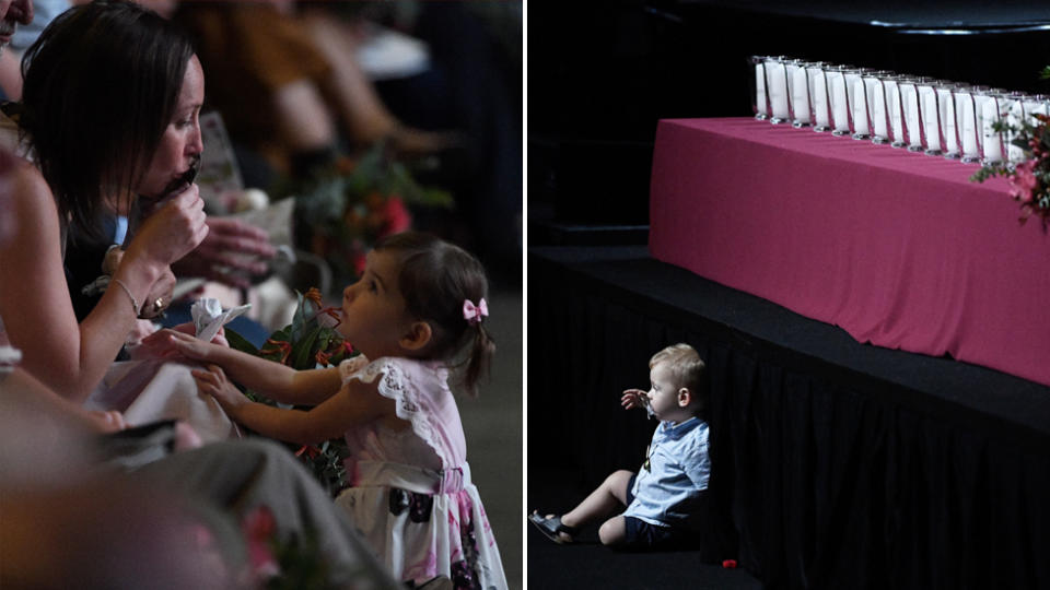 Pictrued left is Melissa O'Dwyer kissing a photo of her husband Andrew O'Dwyer with daughter Charlotte. Right, Harvey Keaton, son of Geoffrey Keaton, sits in front of the stage. Source: AAP