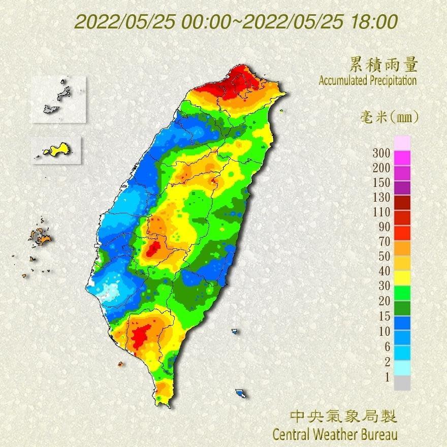 據氣象局觀測數據顯示，全國前幾名降雨量都在北部。（中央氣象局提供）