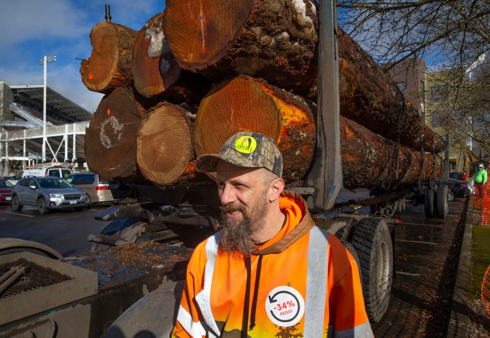 Jeff Leavy, vice-president of Oregon Natural Resources Industries, brought a truck load of logs to the Oregon Board of Forestry meeting in Corvallis March 8, 2023.