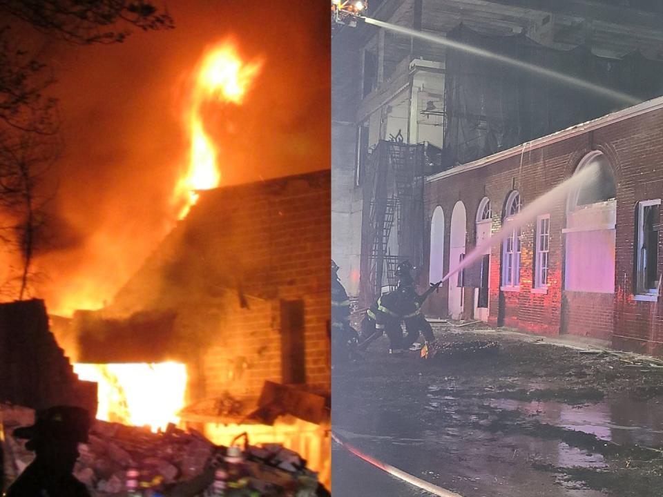 A side-by-side image of a building on fire and firefighters spraying water on the building