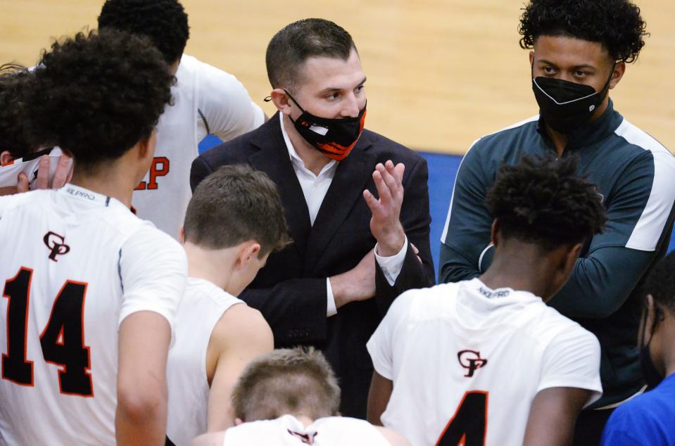 Cathedral Prep head coach Steve Piotrowicz takes a timeout against Canisius High School during the Burger King Classic basketball tournament on Jan. 14, 2022, at the Hagerty Family Events Center in Erie.