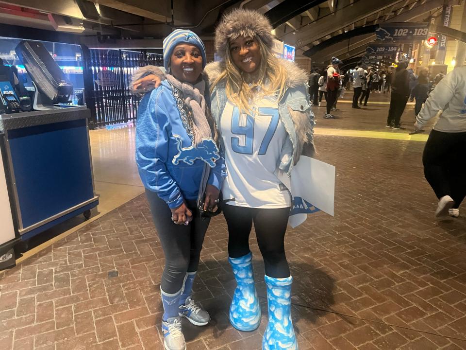 Nina Bryant, 54, and her daughter Malika Mason, 37, of Fraser, dressed up “to stand out” at the Lions watch party at Ford Field on Sunday, Jan. 28, 2024.