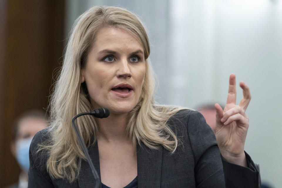 Former Facebook data scientist Frances Haugen speaks during a hearing of the Senate Commerce, Science, and Transportation Subcommittee on Consumer Protection, Product Safety, and Data Security, on Capitol Hill, Tuesday, Oct. 5, 2021, in Washington. (AP Photo/Alex Brandon)