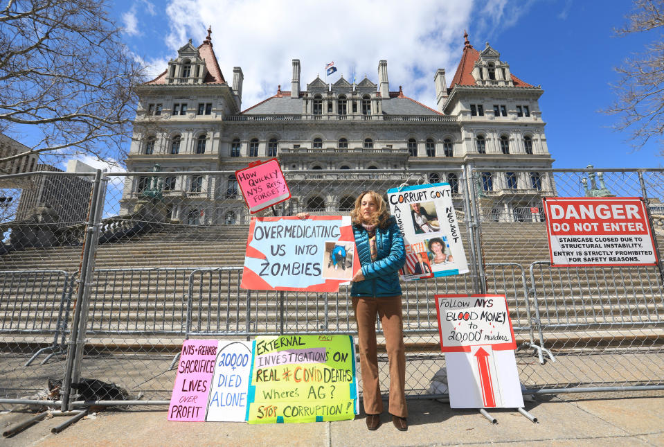 Mary Beth Delarm at the steps of the New York State Capitol on April 20, 2022. Delarm's mother, Pat Ashley died in May 2020 while in a nursing home in Rensselaer County. Due to a lack of response from politicians, Delarm has turned to advocacy seeking accountability.   