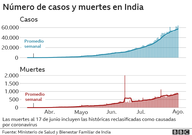 Gráfico con el número de casos y muertes en India