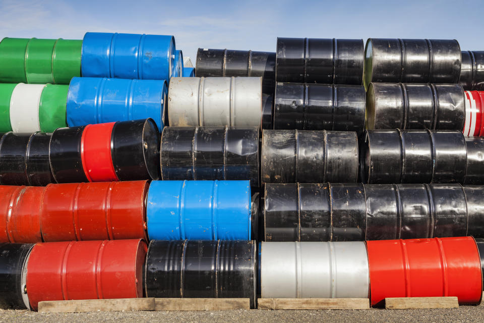 USA, Oregon, Portland, stack of colorful barrels