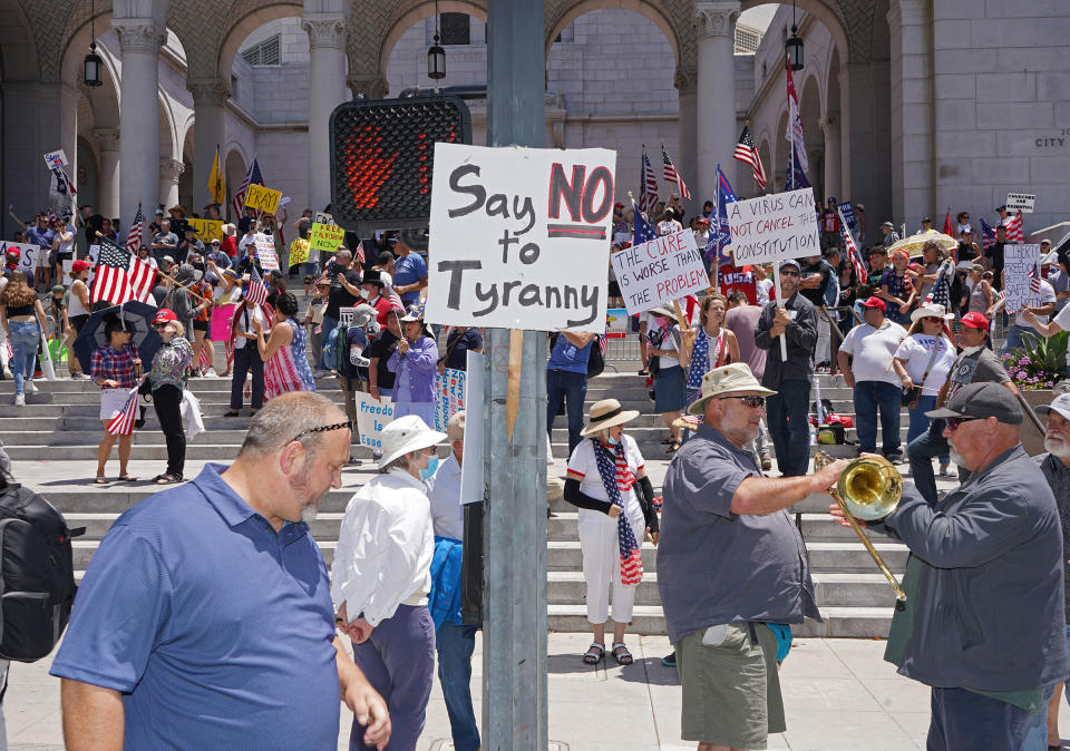 Protesters calling for a reopening of California from coronavirus lockdown measures and restrictions in front of City Hall in Los Angeles, May 24, 2020.<span class="copyright">Jamie Lee Curtis Taete</span>
