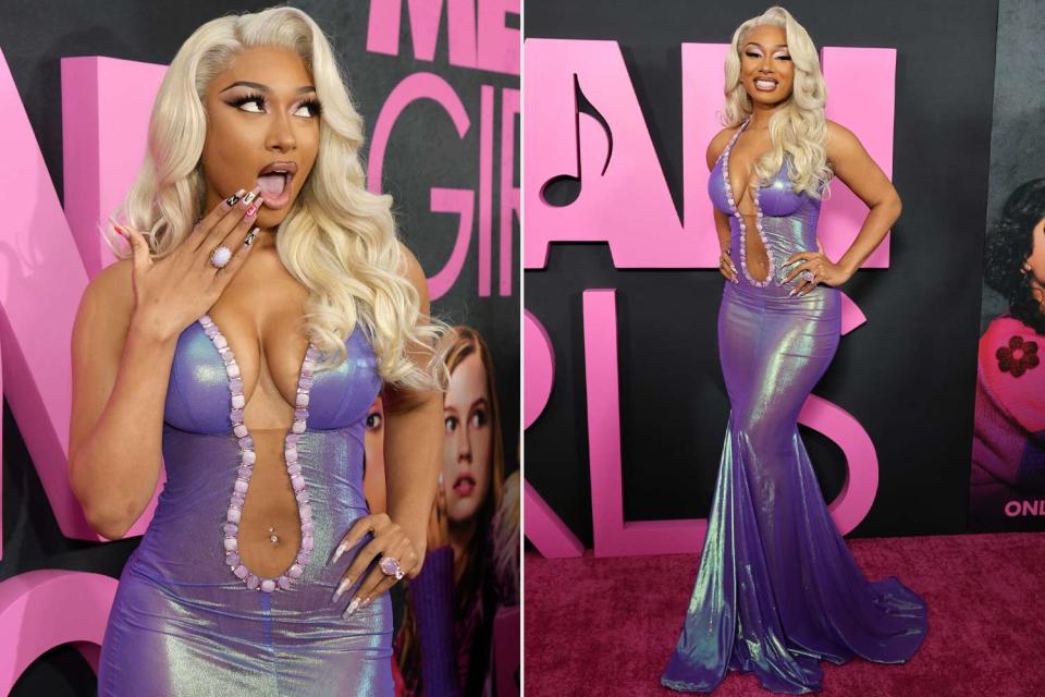 <p>Kristina Bumphrey/Variety via Getty; Arturo Holmes/Getty</p> Megan Thee Stallion rocks a belly button ring at the New York city "Mean Girls" 