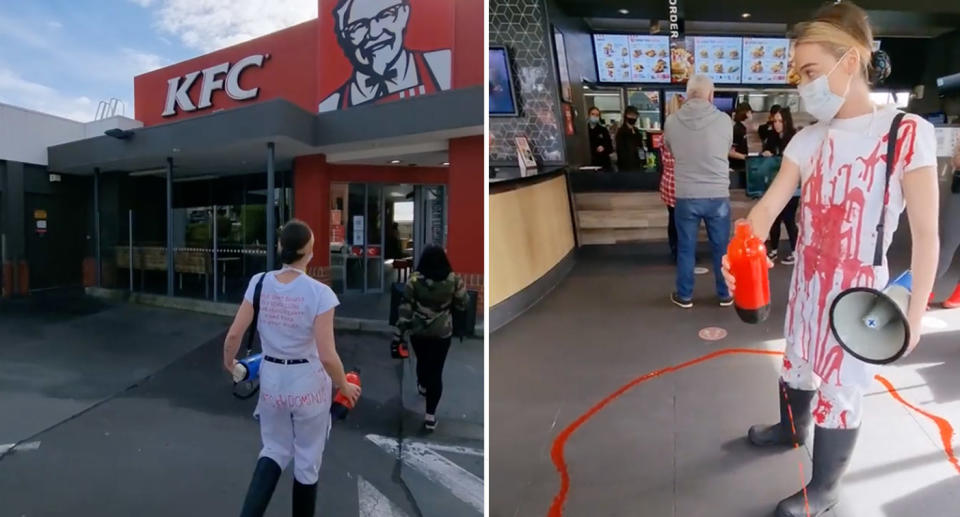 A group pouring fake blood on the floor at a KFC store on Saturday. Source: Instagram/vganbooty 