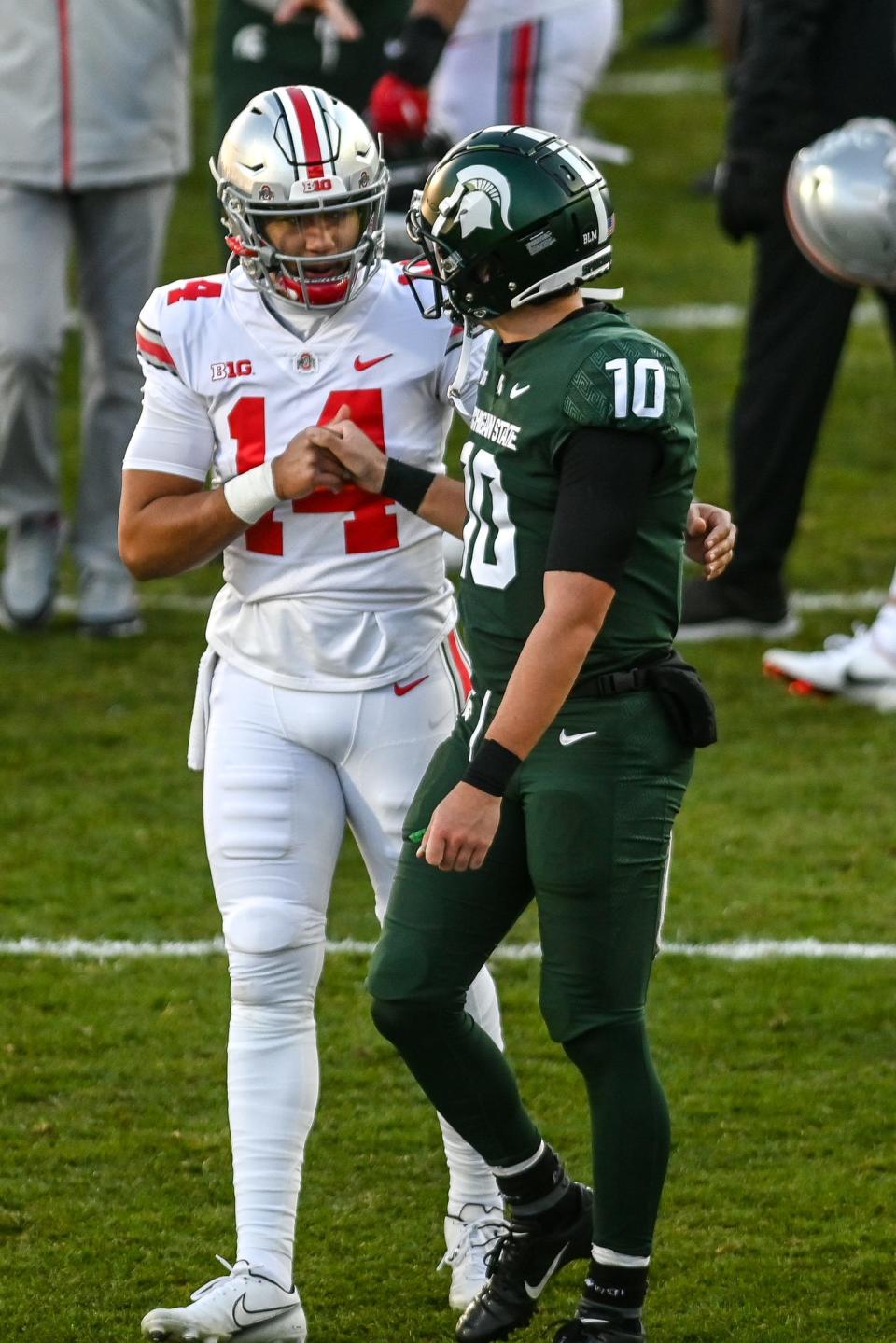 MSU quarterback Payton Thorne talks win Ohio State's C.J. Stroud after the Buckeyes' last visit to Spartan Stadium, on Dec. 5, 2020.