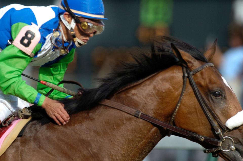 Jockey Edgar Prado aboard Kentucky Derby winner Barbaro after the two crossed the finish line at Churchill Downs on May 6, 2006. Barbaro won by 6-1/2 lengths and paid $14.20 for a $2 bet.