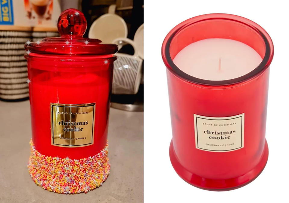 L: Kmart Red candle with DIY sprinkles added. R: Red Kmart Christmas candle on a white background