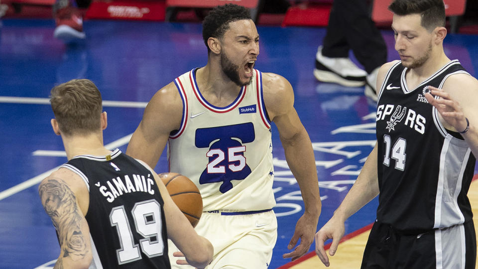 Ben Simmons had a strong second half to help the Philadelphia 76ers thrash the shorthanded San Antonio Spurs on Monday. (Photo by Mitchell Leff/Getty Images)