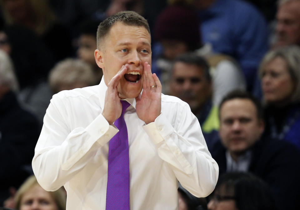 Furman head coach Bob Richey shouts from the sideline during the first half of an NCAA college basketball game against Villanova, Saturday, Nov. 17, 2018, in Villanova, Pa. (AP Photo/Laurence Kesterson)